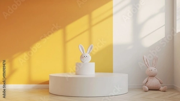 Obraz 85.Concept 5: White podium for product in children room on two tone wall. 3D rendering