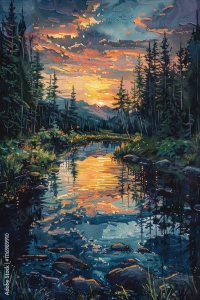 Fototapeta Green Wilderness Nature Depicting a Lush Forest Scene With sunshine and river ai generated