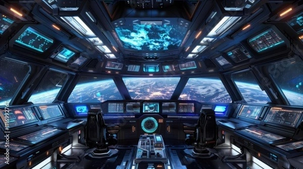 Fototapeta Futuristic spaceship cockpit with advanced controls and Earth view.