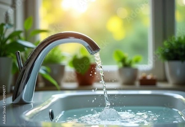 Fototapeta Crystal Clear Water Flowing from a Modern Bathroom Faucet: Capturing the Essence of Morning Light, Water Drops, and Lush Green Plants in a Serene Setting