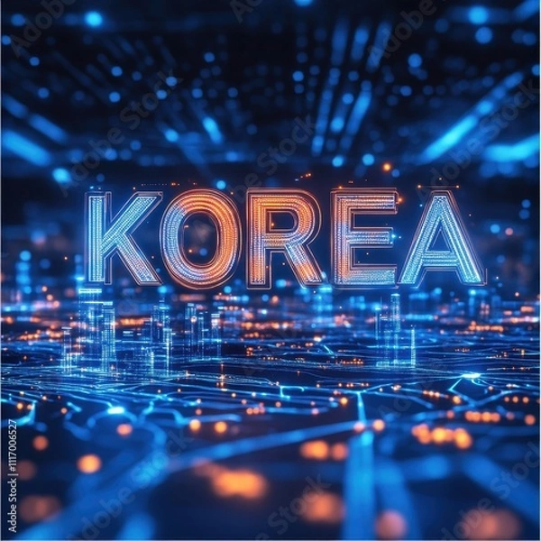 Fototapeta Sleek Futuristic Korea Digital Grid with Neon Light - Technological Innovation