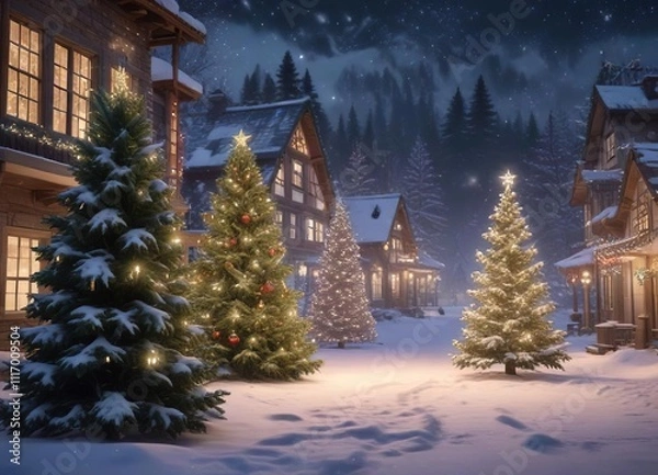 Obraz A festive holiday scene with glittering snowflakes, twinkling lights, and decorated evergreen trees in the background , festive, holiday, backdrop