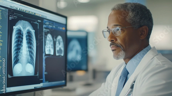 Fototapeta A doctor examines chest X-rays on a computer monitor in a medical office, focusing on detailed imaging for patient diagnosis and care assessment.