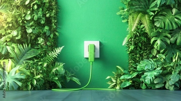 Fototapeta A green plug connected to a white outlet, with a vibrant green wall and lush plants around it, symbolizing the flow of green energy in an eco-friendly setting.