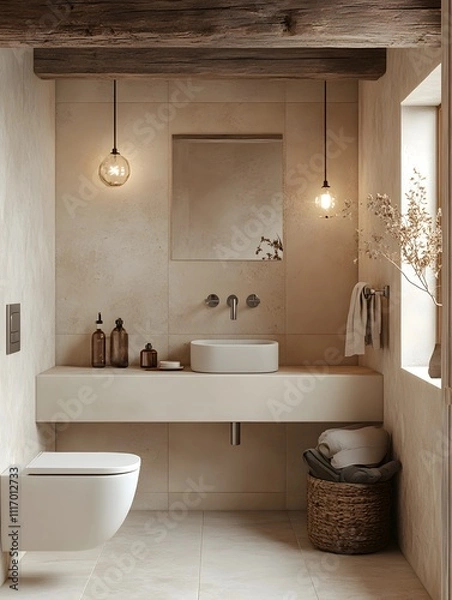 Fototapeta Modern Rustic Bathroom Design. Minimalist Floating Vanity with Vessel Sink, Wall-Mounted Toilet, Exposed Wooden Beams, Pendant Lighting, and Natural Decor Elements.