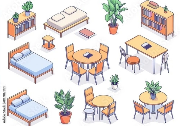 Obraz 2D vector set of simple home furnishings like chairs, beds, and indoor plants.