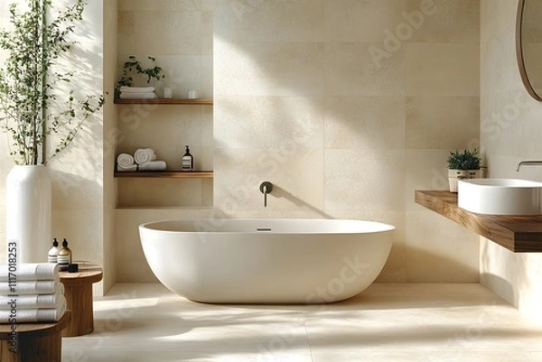 Fototapeta Modern Minimalist Bathroom with Freestanding Tub, Wooden Vanity, and Greenery Accents for a Serene and Stylish Spa-Like Atmosphere.