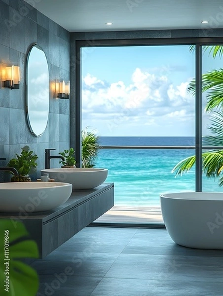 Fototapeta Luxurious Modern Bathroom with Ocean View. A Serene Retreat Featuring Dual Sinks, Freestanding Bathtub, and Floor-to-Ceiling Windows Overlooking a Tropical Beach and Crystal Blue Waters.