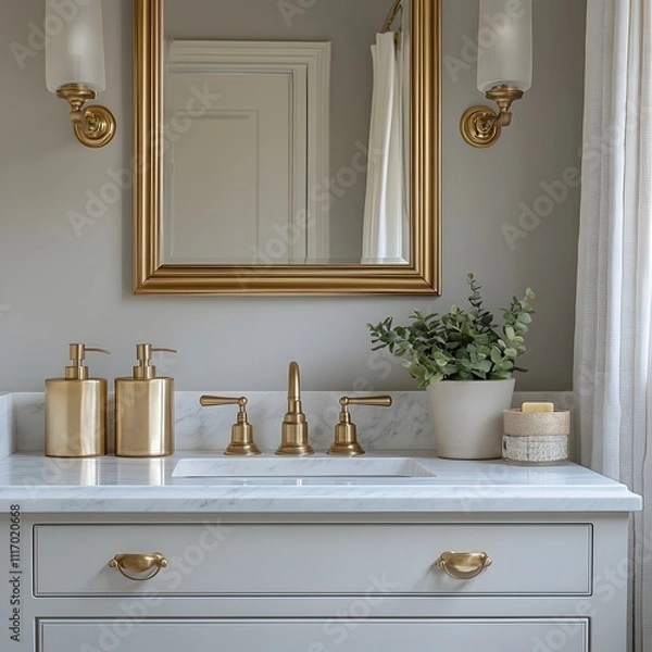 Fototapeta Elegant Bathroom Vanity with Gold Fixtures and Marble Countertop Featuring a Large Framed Mirror, Soap Dispensers, Towels, and a Potted Plant for a Luxurious and Stylish Look.