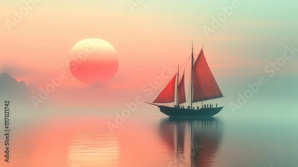Fototapeta A sailboat with red sails glides across tranquil waters against a backdrop of a vivid sunset, creating a serene and picturesque scene.
