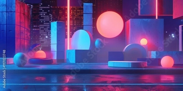 Fototapeta Neon Cityscape with Geometric Shapes and Glowing Lights