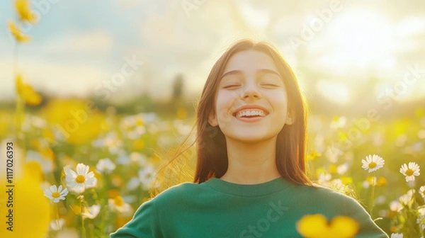Fototapeta A joyful person stands in a sunlit field of daisies, embracing the warmth and beauty of nature, with a serene smile on their face.