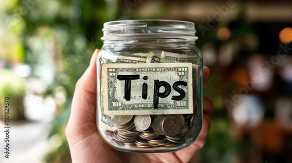 Fototapeta A hand holds a jar labeled "Tips" filled with cash and coins.