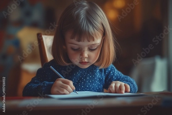 Fototapeta Cheerful Girl Concentrating on Homework with a Test Paper