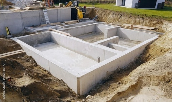 Fototapeta A concrete foundation for a building under construction.