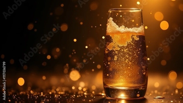 Fototapeta "Champagne glass with golden bubbles and confetti rising in a glowing black and gold background. A luxurious New Year’s toast in vibrant detail."