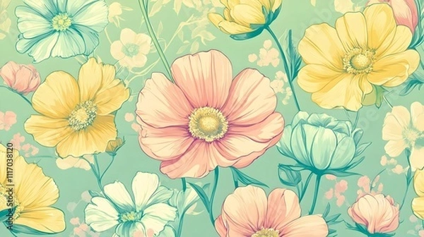 Obraz Pastel-colored floral seamless pattern with various flowers and plants on a mint green background.