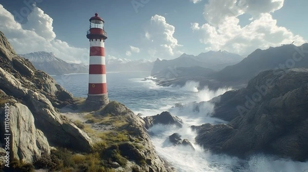 Fototapeta Red and white lighthouse on rocky coast with dramatic ocean waves and mountain backdrop under a partly cloudy sky.