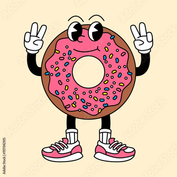Fototapeta Donut retro mascot with hand and foot. Donut and Fast Food Retro vintage mascot cartoon stickers with funny comic characters and gloved hands.