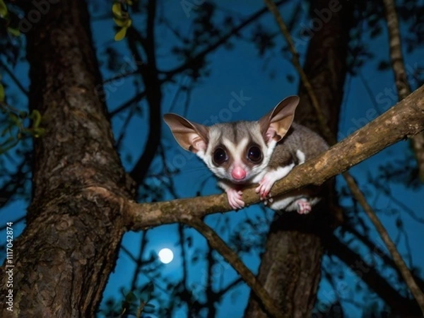 Fototapeta An adorable sugar glider sitting on branches under a moonlit forest, with its big eyes glowing softly in the dark