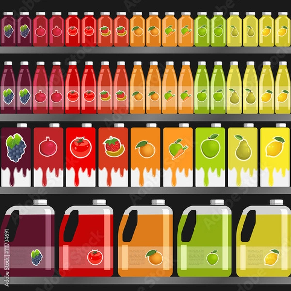 Fototapeta Shelves with juices in different packaging in a supermarket