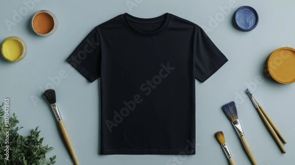 Fototapeta Black t shirt surrounded by paintbrushes and paint containers on blue background. scene conveys creative and artistic vibe, perfect for DIY projects