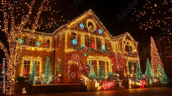 Fototapeta Extravagant Christmas Light Display on Historic Brick Building with Festive Trees