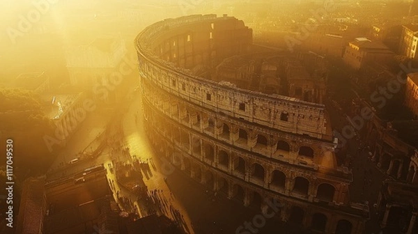 Fototapeta Ancient Colosseum in Rome, bathed in soft golden light during sunset