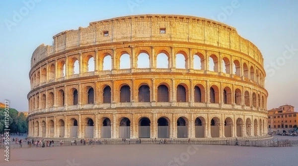 Fototapeta Ancient Colosseum in Rome, bathed in soft golden light during sunset