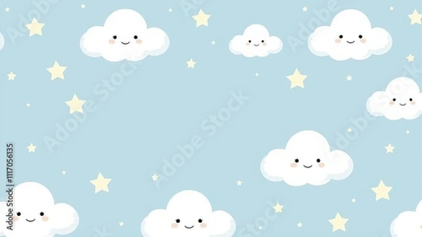 Fototapeta Cute white smiling cloud vector pattern for baby shower with stars on blue background, seamless, blue