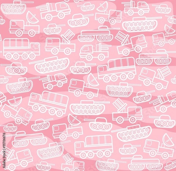 Fototapeta Military equipment, pink seamless background. Vector seamless background with military equipment on the field with pink spots. White, linear icons. Color, flat pattern. 