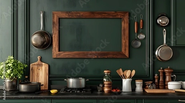 Fototapeta Mockup of picture frames hanging on the kitchen wall and kitchen utensils arranged