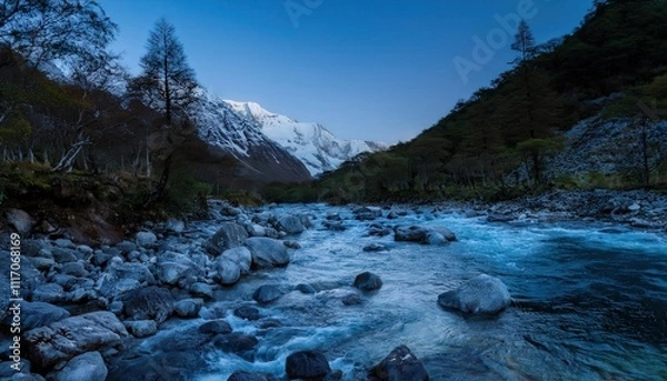Fototapeta Midnight stream winds silently, cold water cascading over moss-covered stones, creating a soft, rhythmic melody in the mountain's deep, quiet embrace.
