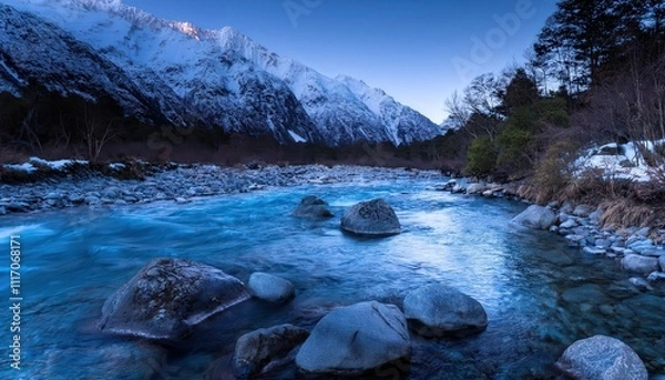 Fototapeta Starlit water glides between ancient rocks, soft murmurs breaking the mountain's midnight silence, reflecting fragments of celestial light.