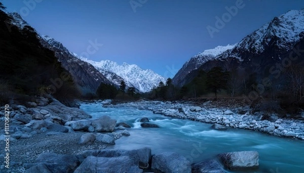 Fototapeta Nocturnal stream slips between sleeping stones, cold currents carrying mountain's midnight breath, silent and mysterious under starlit skies.