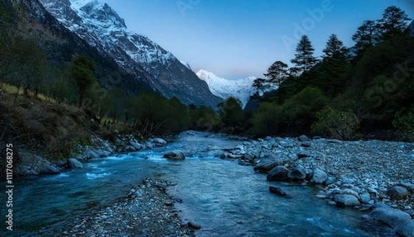 Fototapeta Mountain creek whispers through darkness, water dancing over ancient stones, moonlight painting silvery patterns on its restless surface.