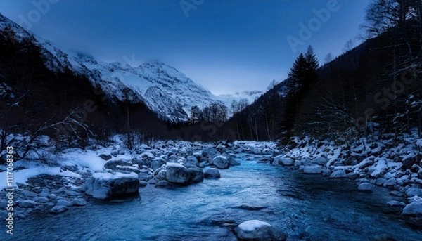 Fototapeta Midnight waters glide softly, reflecting star fragments, mountain stream murmuring ancient secrets between moss-covered rocks and silent shadows.

