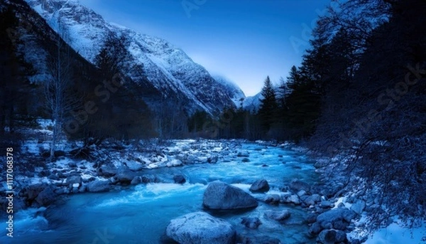 Fototapeta Dark mountain stream flows beneath starlight, water whispering through rocky corridors, creating a silent symphony of nocturnal wilderness.