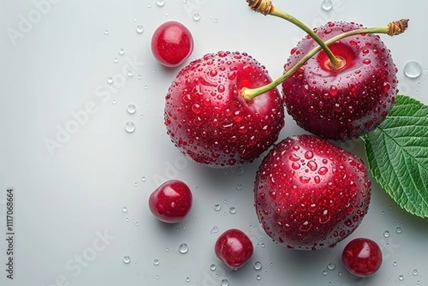 Obraz Three red cherries with a leaf on top