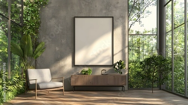 Fototapeta Mockup of plants, sofa chairs and photo frames hanging on the wall in the room