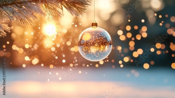 Fototapeta Sparkling Christmas Ornament on a Snowy Pine Branch at Sunset