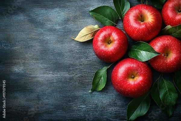Obraz A cluster of red apples with green leaves on a dark wood background.