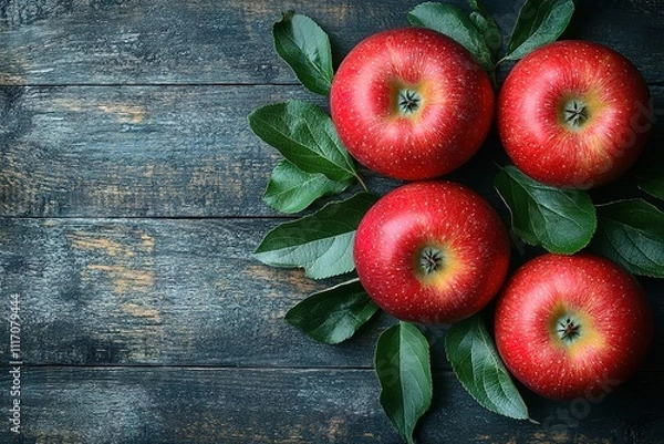 Obraz Four red apples with green leaves on a dark wooden background.