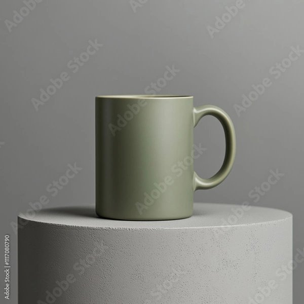 Fototapeta Green thermo mug mockup, on table podium, gray background. Ai generated images.