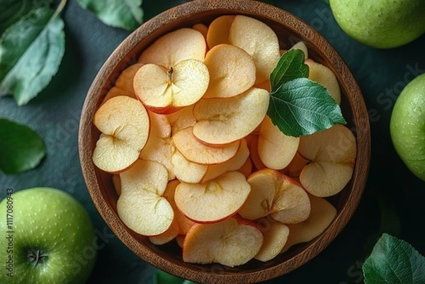 Obraz Apple slices on a wooden plate with green apples around it