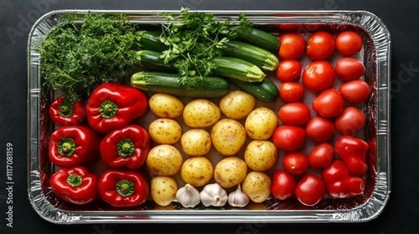 Fototapeta Vibrant vegetables including red peppers, zucchini, garlic, and cherry tomatoes are perfectly arranged in a tray. The kitchen setting bustles with the warmth of impending baking excitement