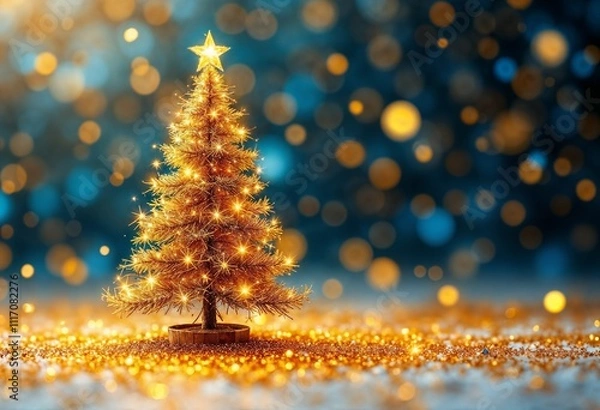 Fototapeta Glittering Christmas Tree with Golden Lights and Festive Background Bokeh

