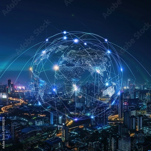 Fototapeta Global network connection over city at night.