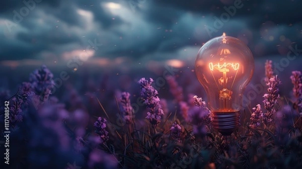 Fototapeta Glowing lightbulb in lavender field at dusk.