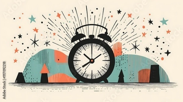 Fototapeta Whimsical Alarm Clock Illustration With Stars and Abstract Background